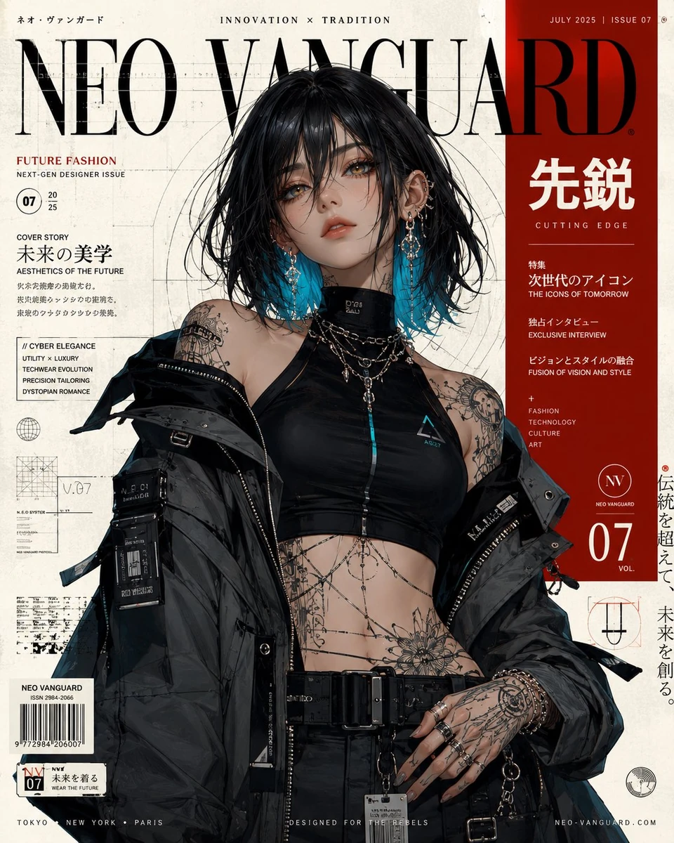 Ultra-detailed luxury anime fashion cover illustration of a futuristic tr...