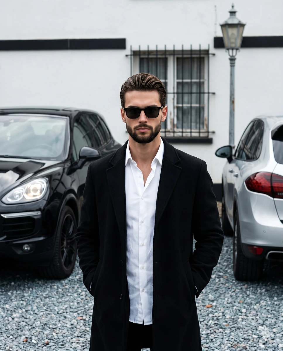 A confident young adult male with a groomed short beard and subtly highli...