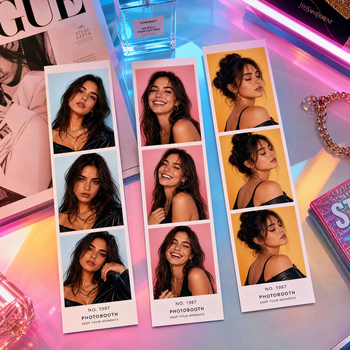 Photorealistic modern pop-fashion photobooth strip arrangement placed on...