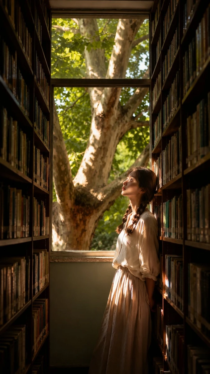 A quiet cinematic portrait shaped by library light