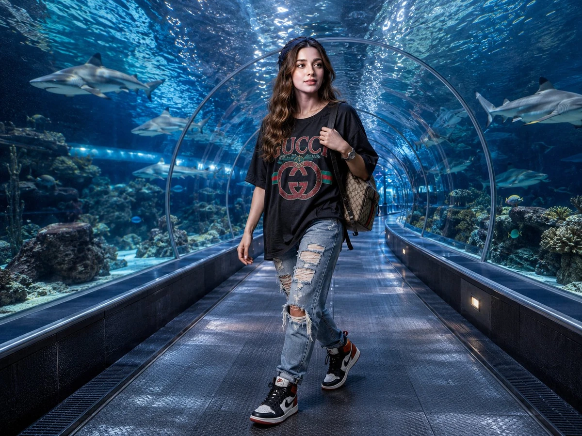 Hyper-realistic wide-angle shot of a young woman walking through the unde...