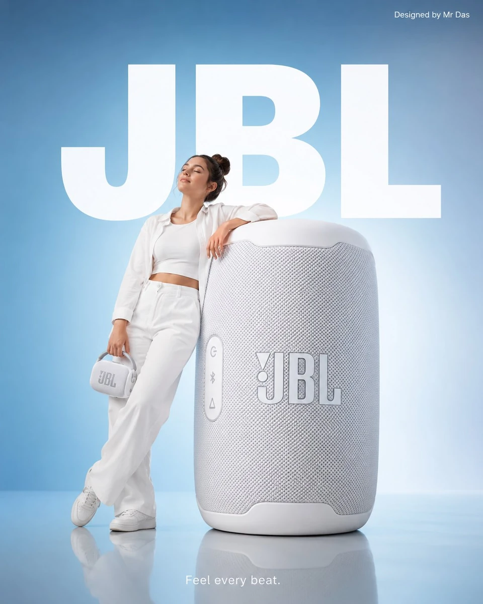 Minimalist commercial ad featuring oversized white JBL Bluetooth speaker,...