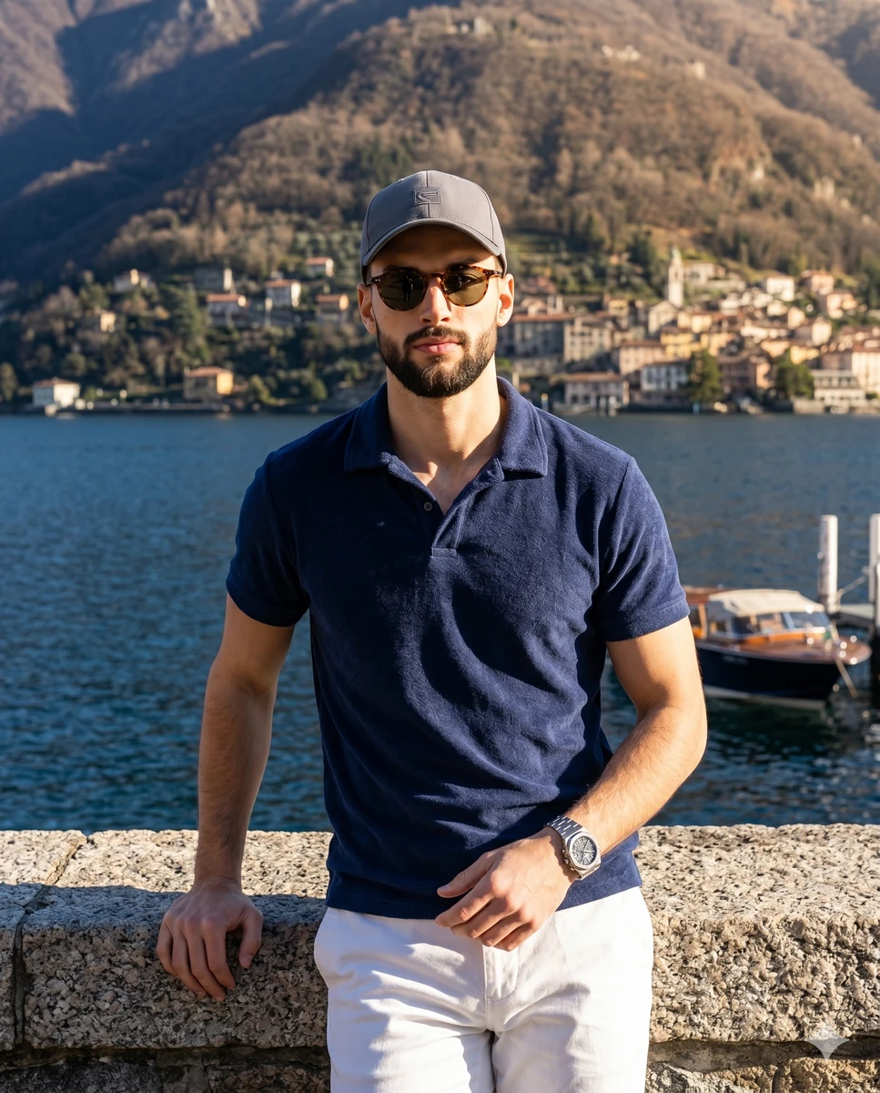A handsome, fit man is positioned in a center composition, leaning confid...