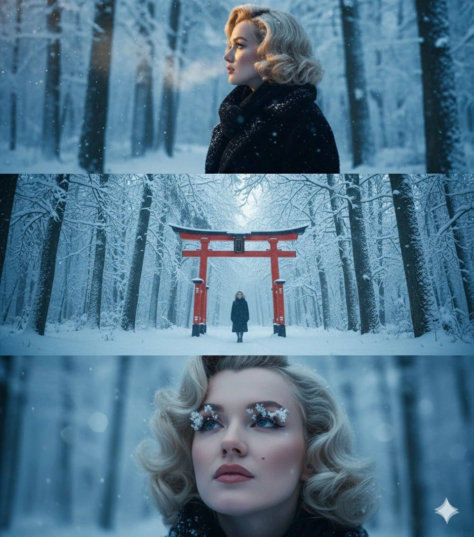 A Three connected frames depicting a cinematic winter scene.