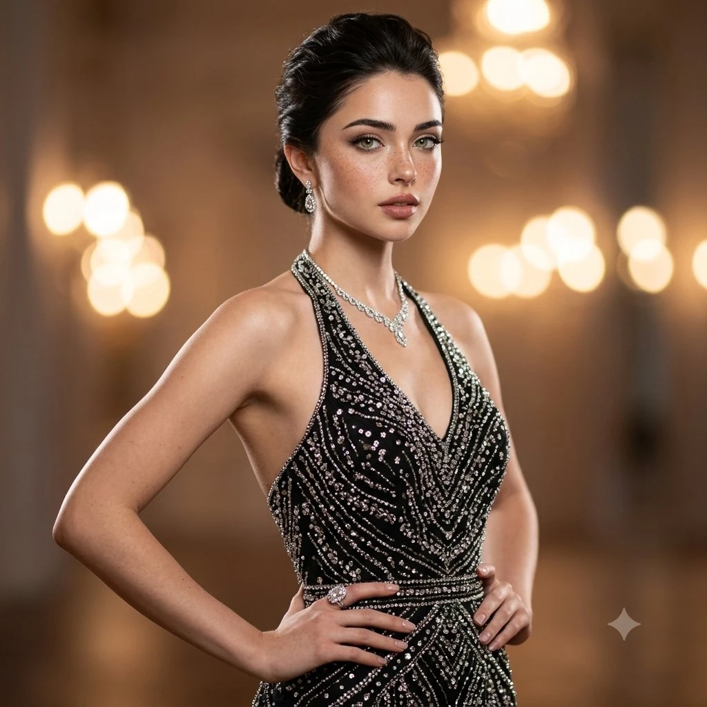 High fashion photoshoot of the woman from the reference image. She has th...