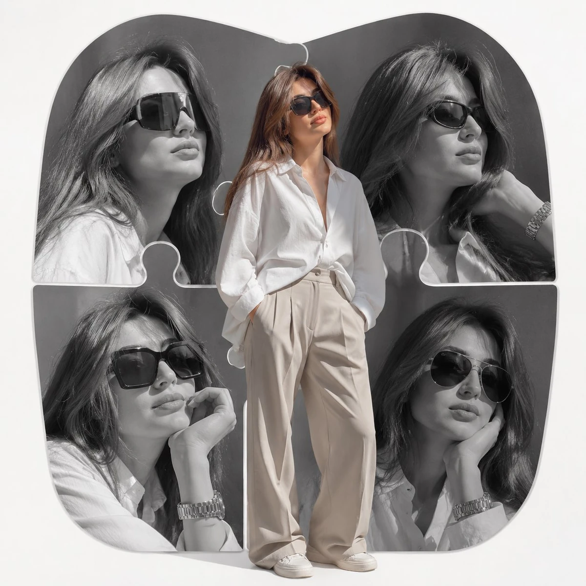 High-end fashion editorial collage poster. A full-body photorealistic mai...
