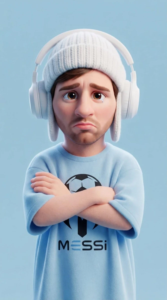 A sad stylized 3D cartoon boy with soft Pixar-style features, wearing a c...