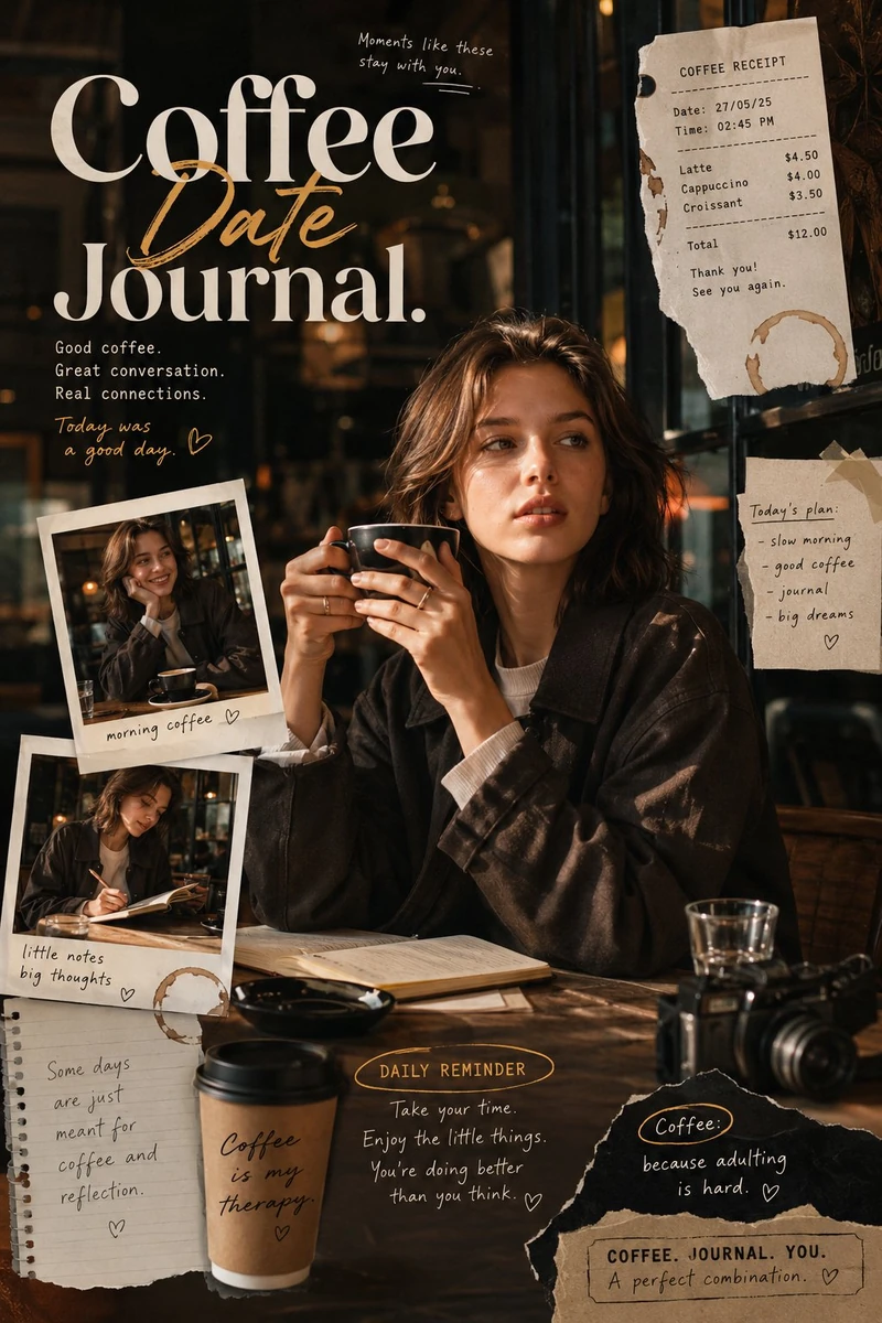 Coffee Date Journal-inspired editorial poster with a warm, intimate coffe...