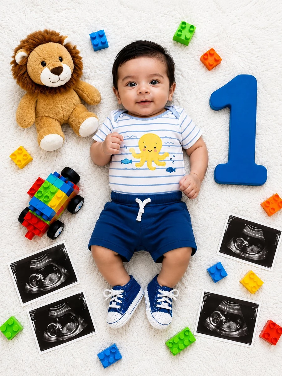 a hyper-realistic, high-end studio portrait of an adorable 8–10 month old...