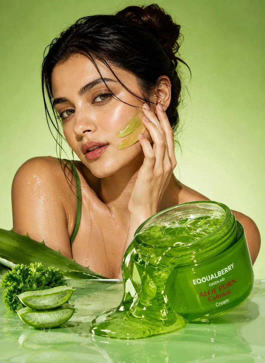 Luxury skincare product photography, aloe vera themed, minimal green aest...