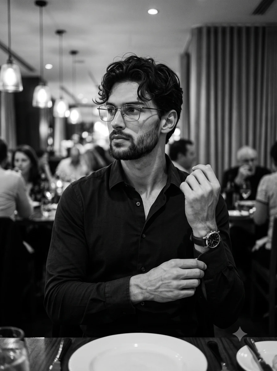 A handsome man in his thirties with a sharp jawline and a short, textured...