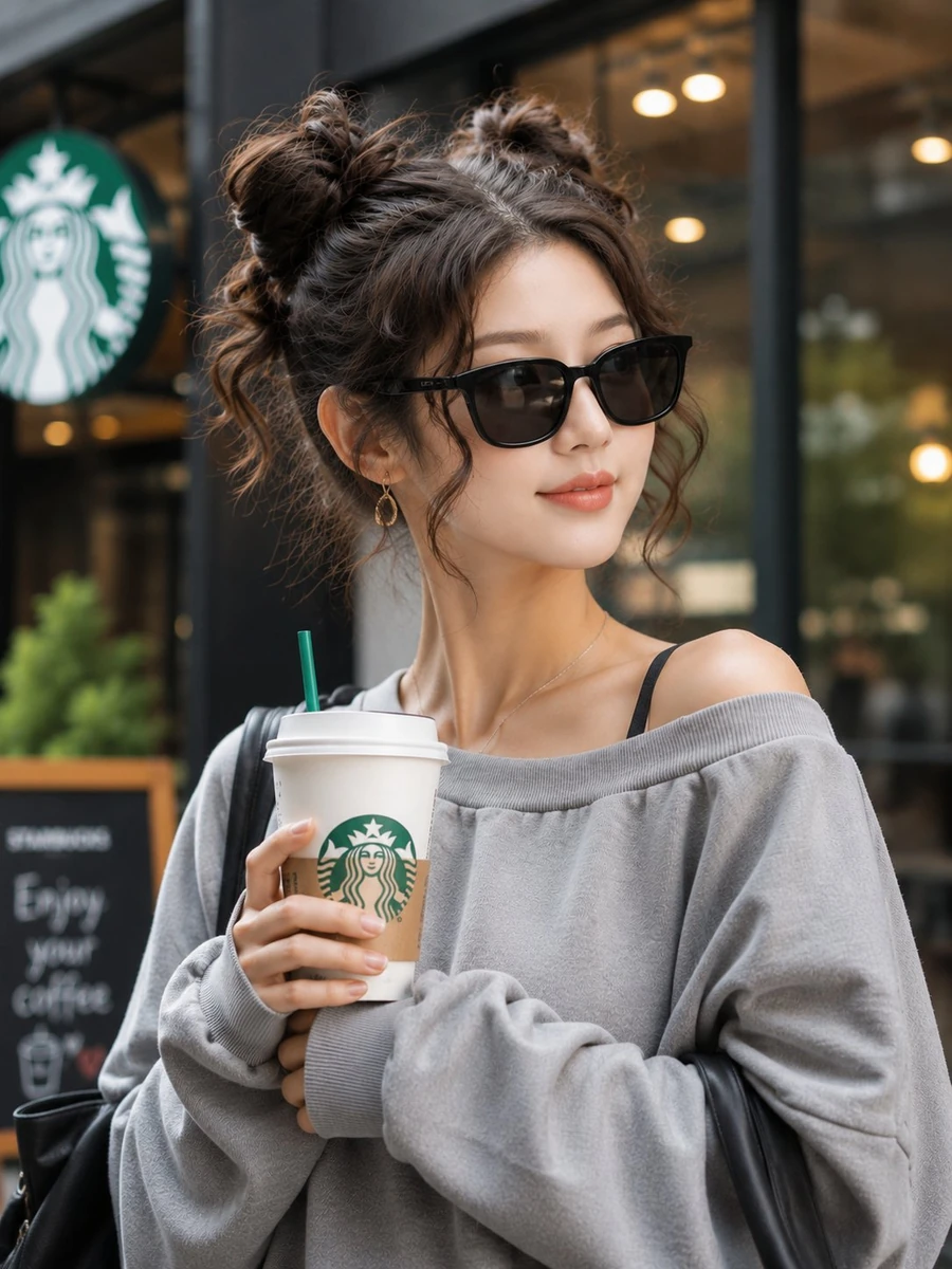 > Ultra-realistic lifestyle portrait of a stylish young East Asian wom...