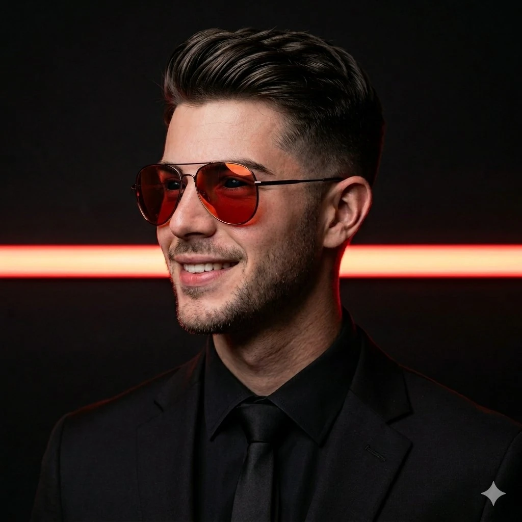A stylish, confident man in a tailored black suit and black tie, wearing...