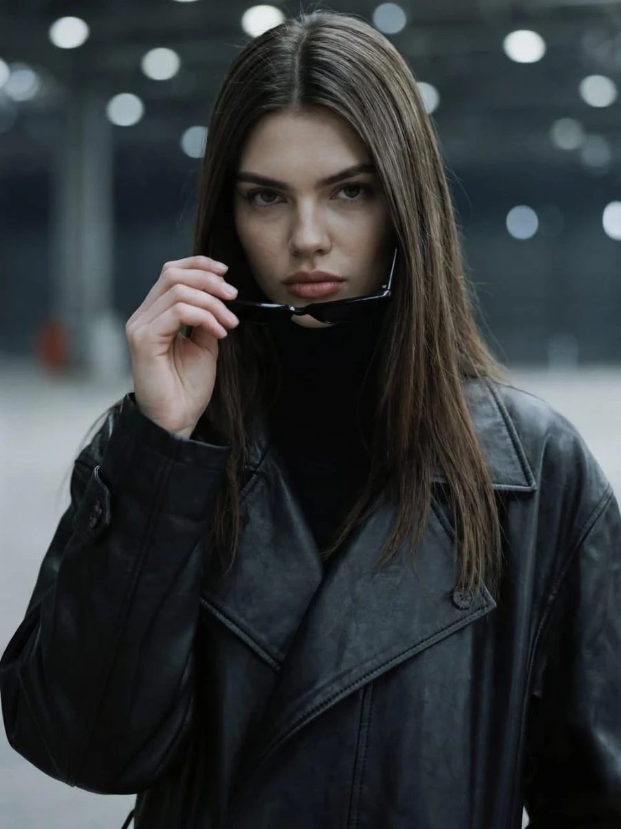 A confident young woman standing in an industrial, dimly lit background w...