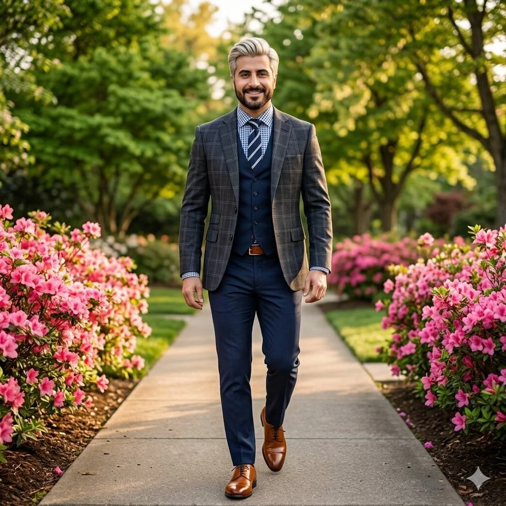 A handsome, confident South Asian man in his early 30s with a well-groome...
