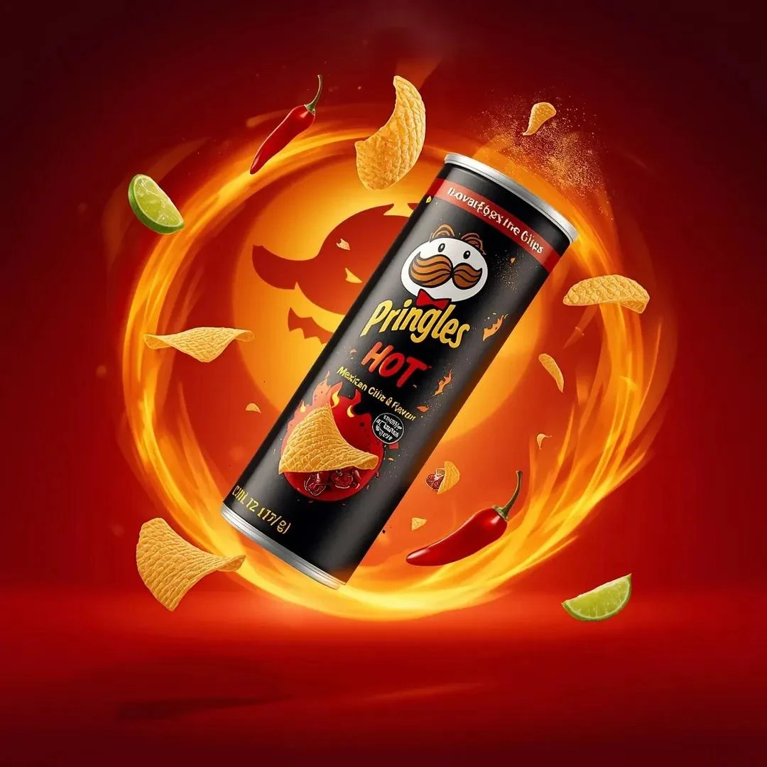 Ultra-realistic cinematic snack advertising photography of a floating “Pr...