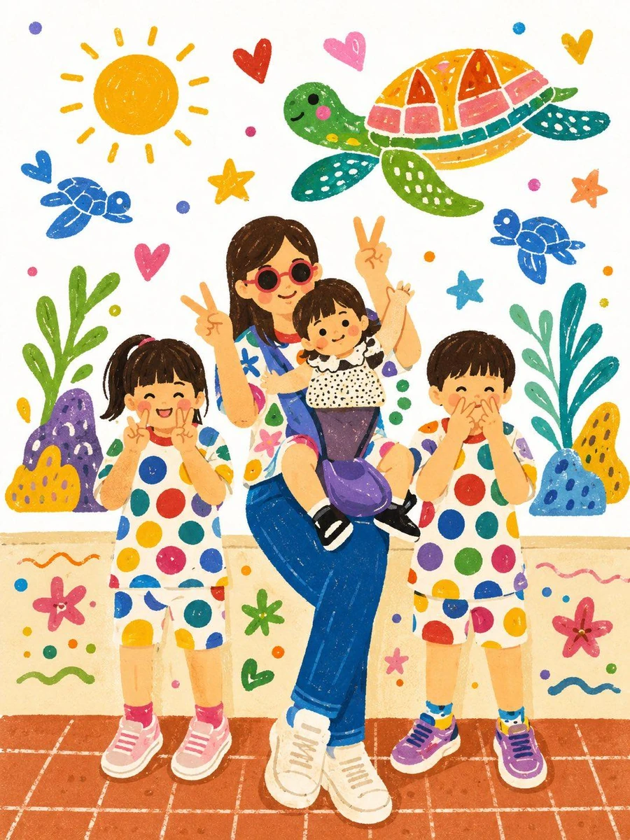 Transform the uploaded family photo into a cheerful hand-drawn children's...