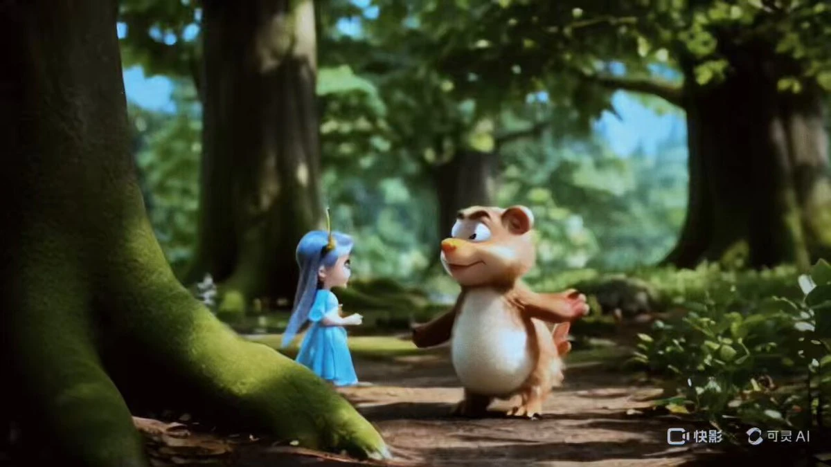 “cute small cartoon creature, talking to a small fairy, as they walk in t...