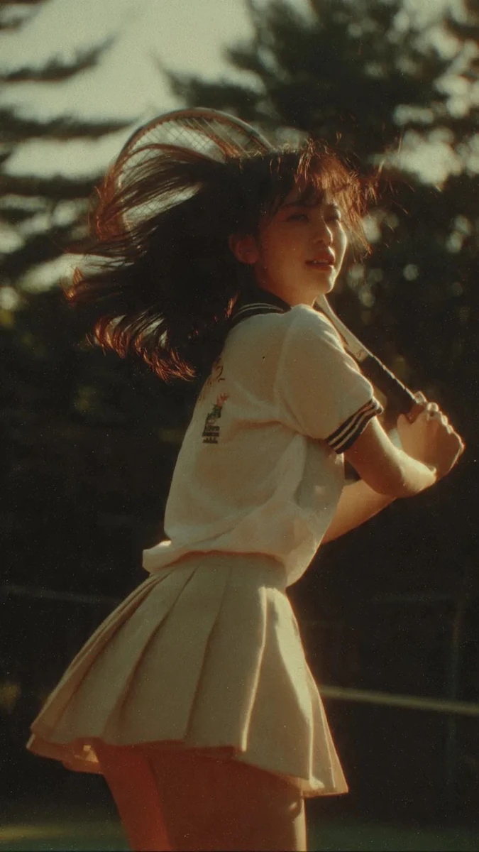 Cinematic middle shot of a Japanese teenage girl in tennis uniform, captu...