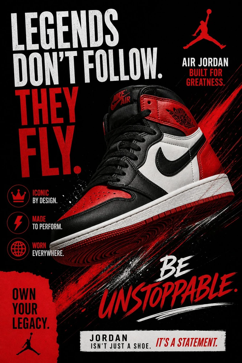 Bold high-contrast advertising poster of a red black white high-top sneak...