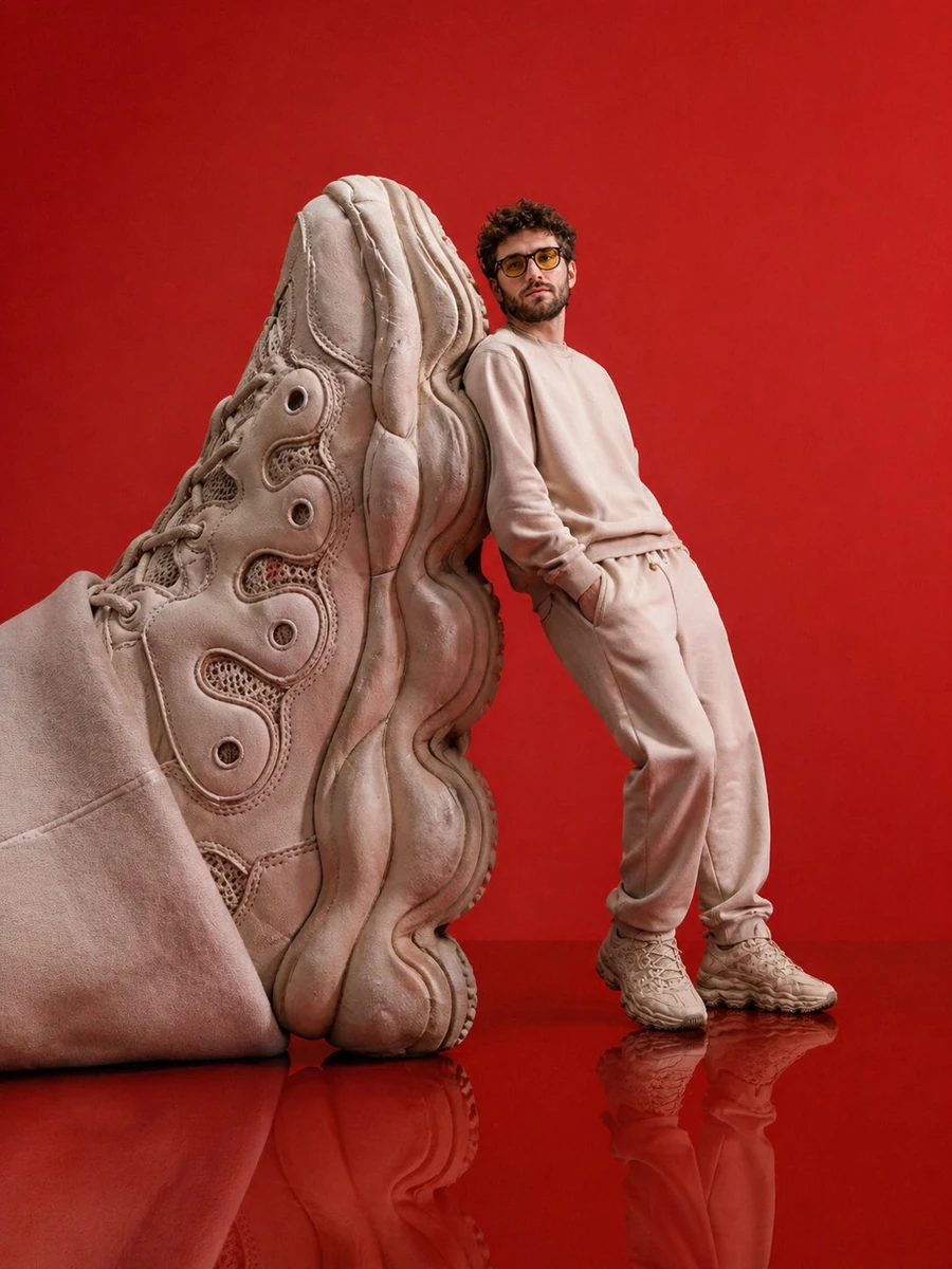 Ultra-realistic fashion editorial shot of a young male model with short c...