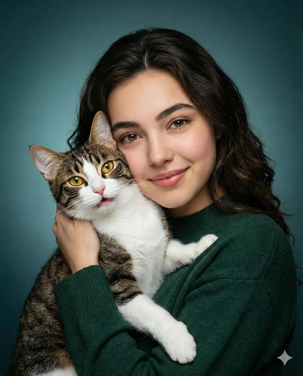 A soft, heartwarming studio portrait of a beautiful young woman gently hu...