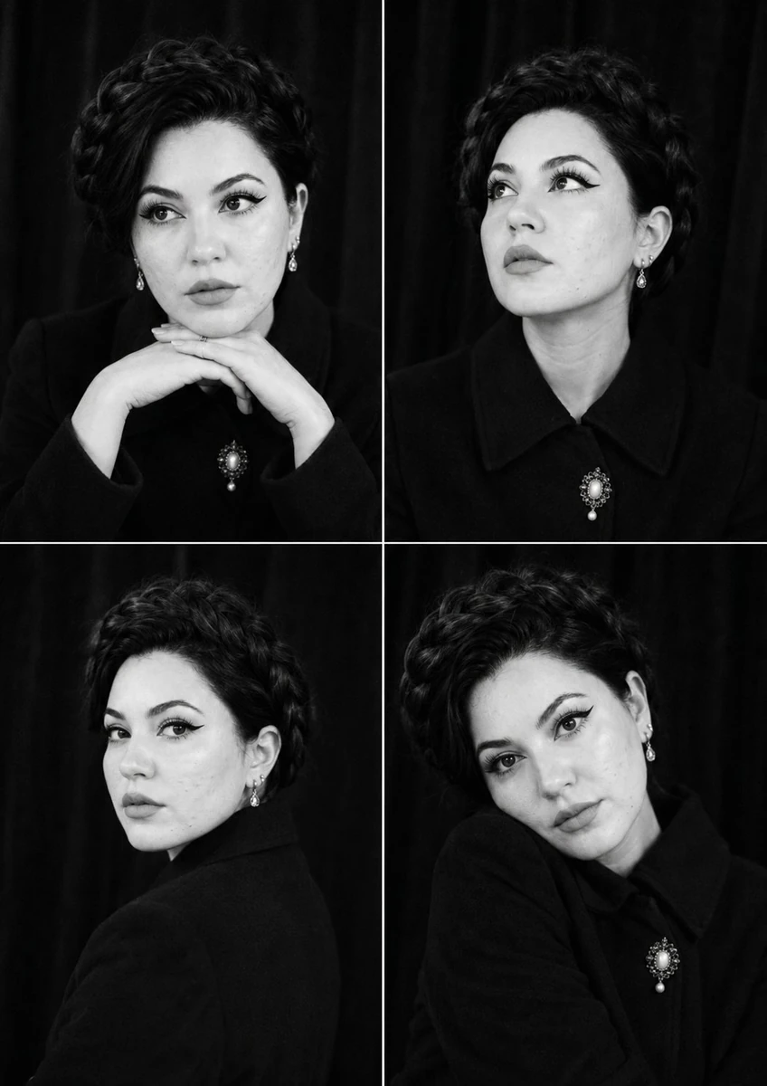 Black-and-white fashion casting contact sheet of a woman with a dramatic...