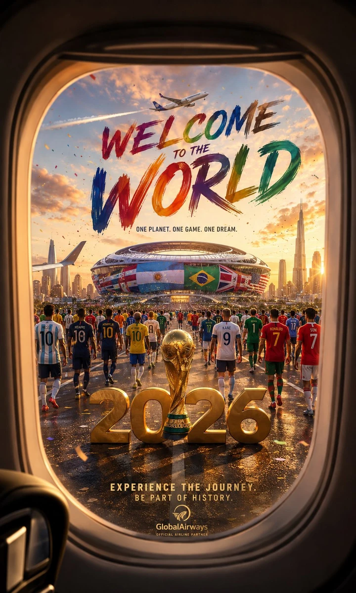 Premium FIFA World Cup inspired travel advertisement poster, cinematic ai...