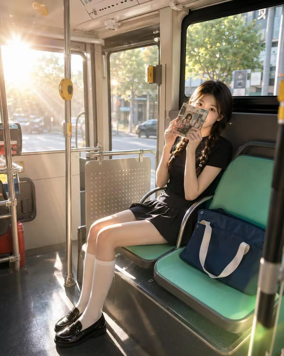 A cinematic everyday portrait on a sunlit bus