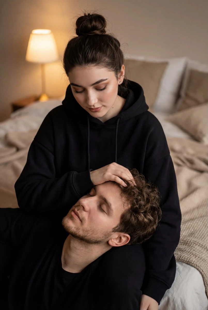 Intimate indoor portrait of a couple in a softly lit bedroom setting, war...