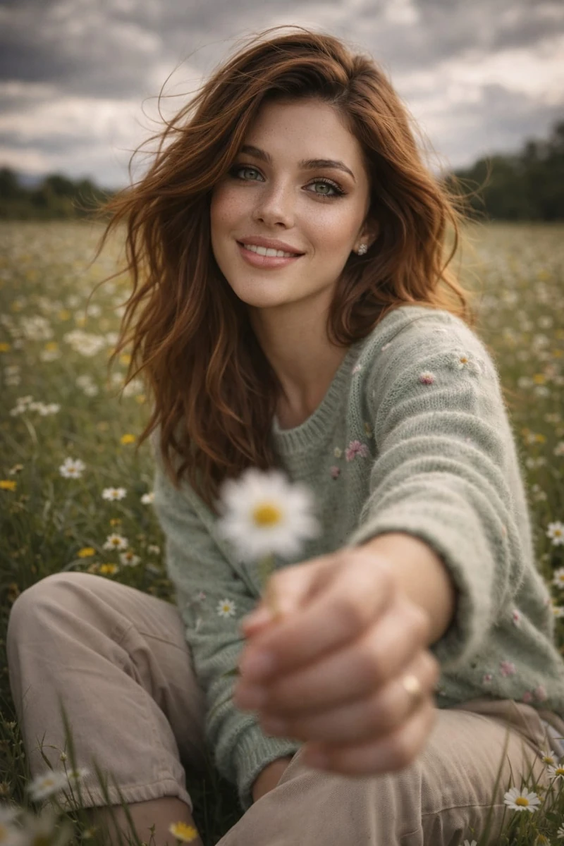 Cinematic lifestyle portrait of a young woman with the exact same face as...
