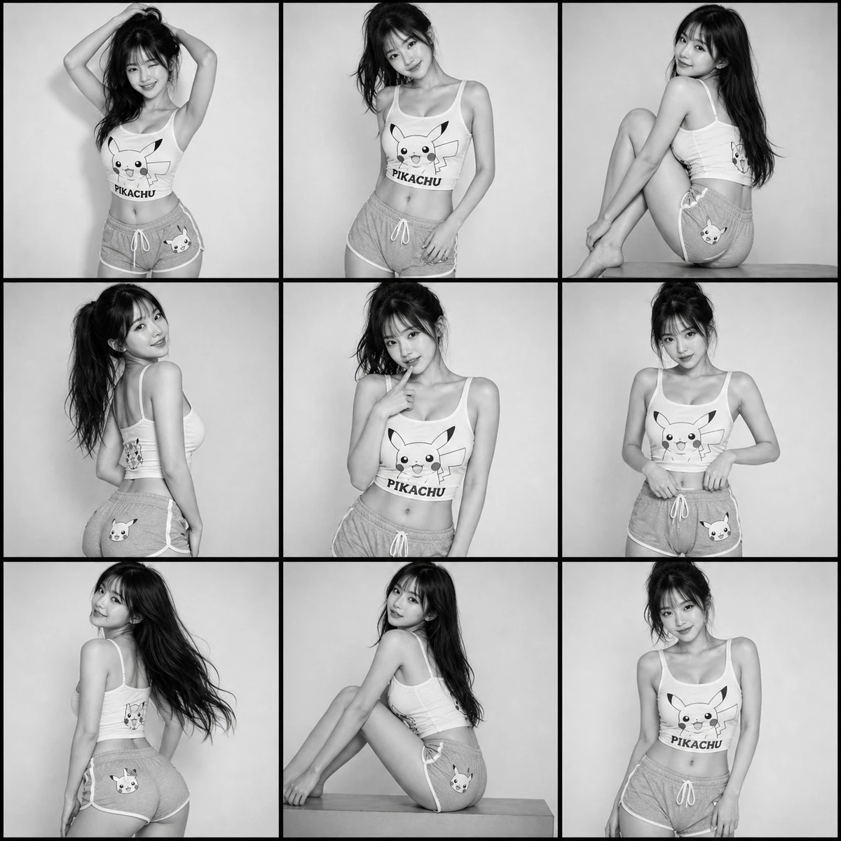 Objective": "Recreate a 3x3 grid black-and-white fashion storyboard with...