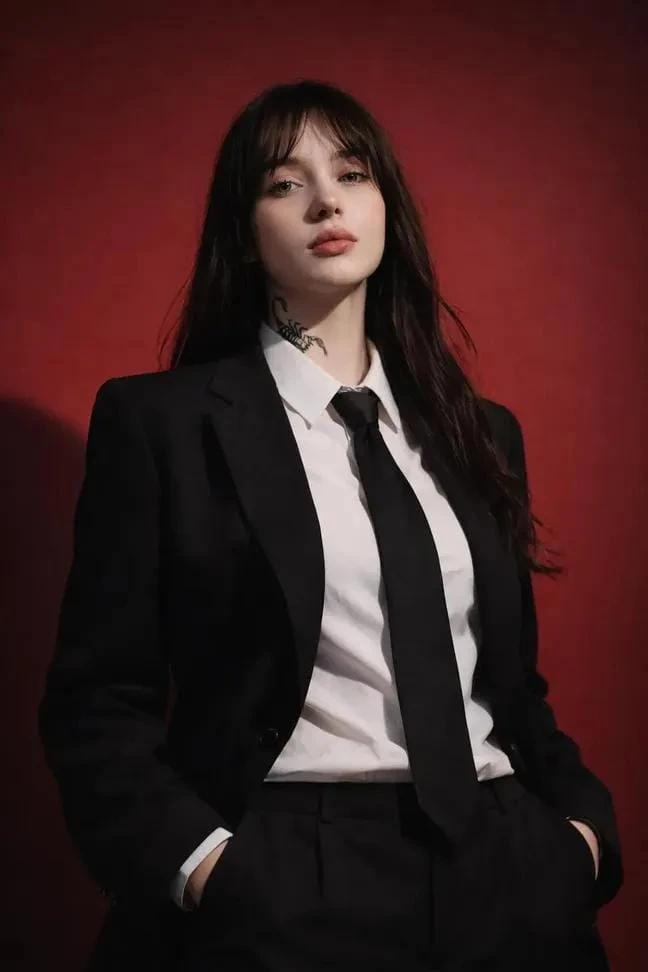Studio fashion portrait of a woman in a structured black suit, white shir...