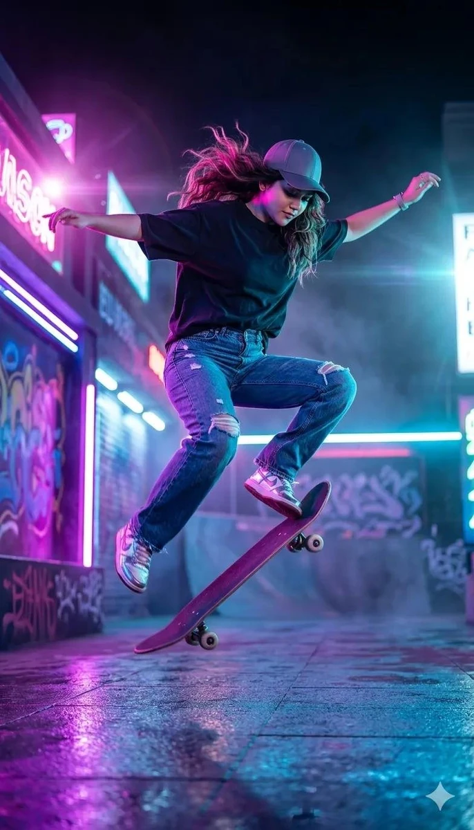 Neon Night Skate Vibe - Flying Pose Prompt Ultra-realistic cinematic 8K i...