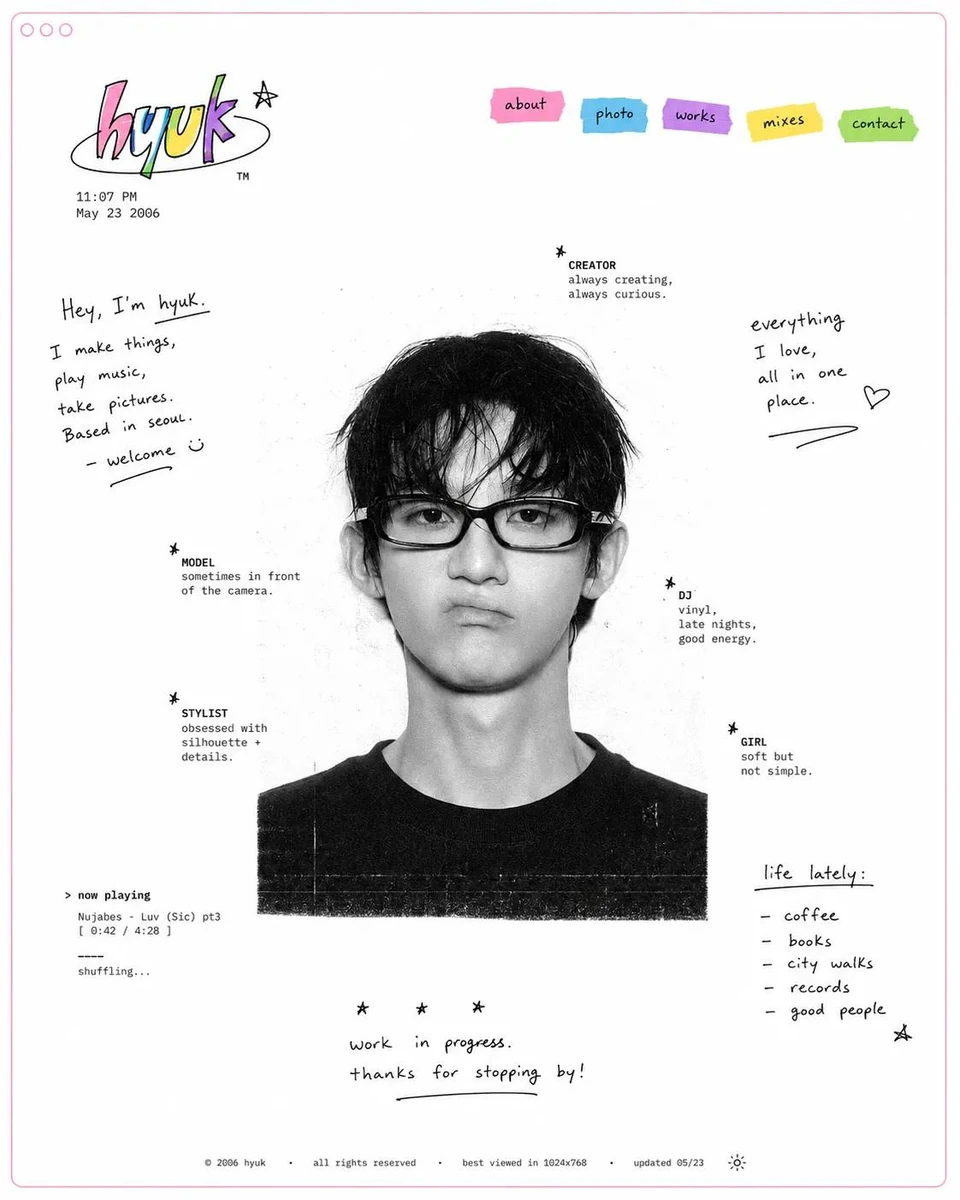 Design a minimal early-internet personal profile webpage / digital portfo...