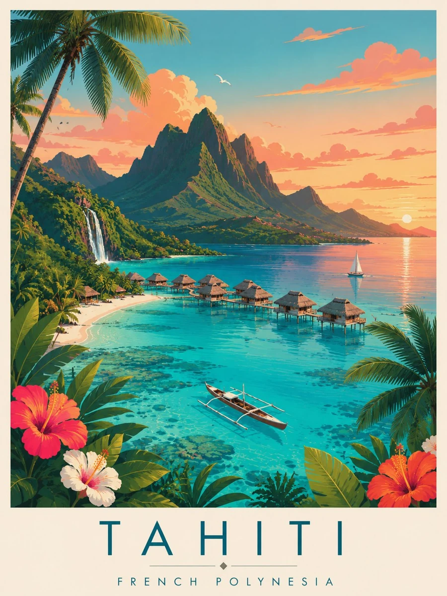 Vintage-inspired tropical travel poster illustration of Tahiti, French Po...