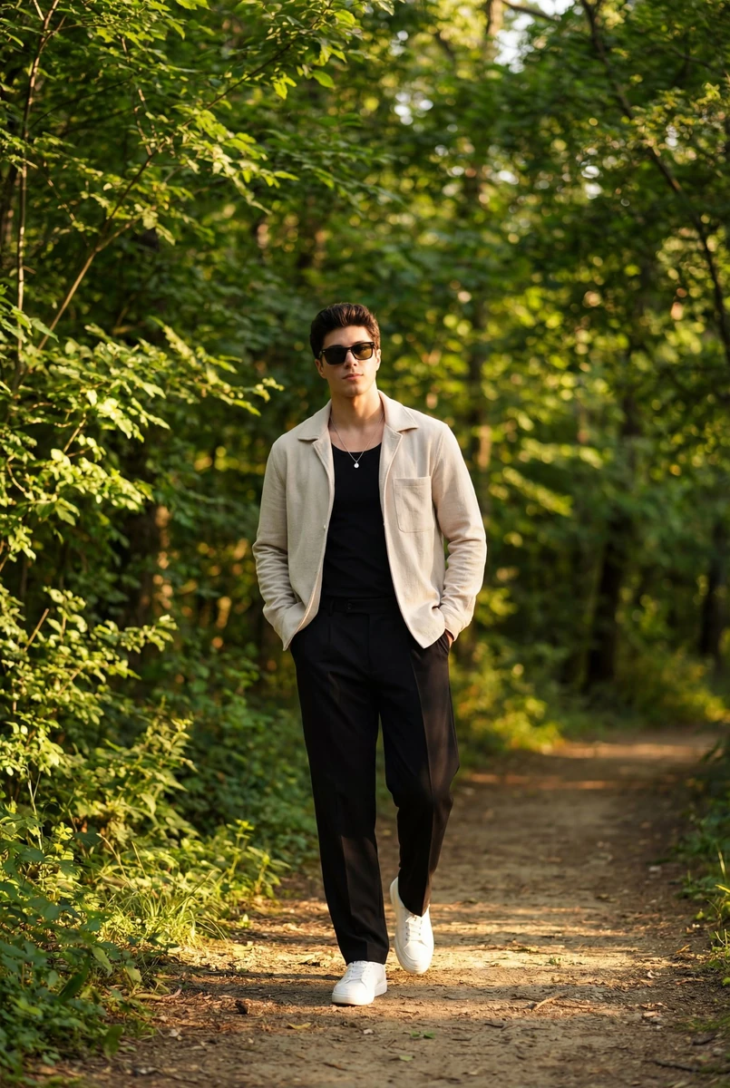 Ultra-realistic full-body outdoor portrait of a stylish young man walking...