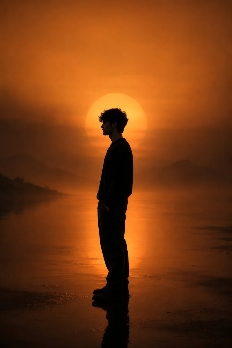 side profile, standing still and facing left, with a calm, introspective...