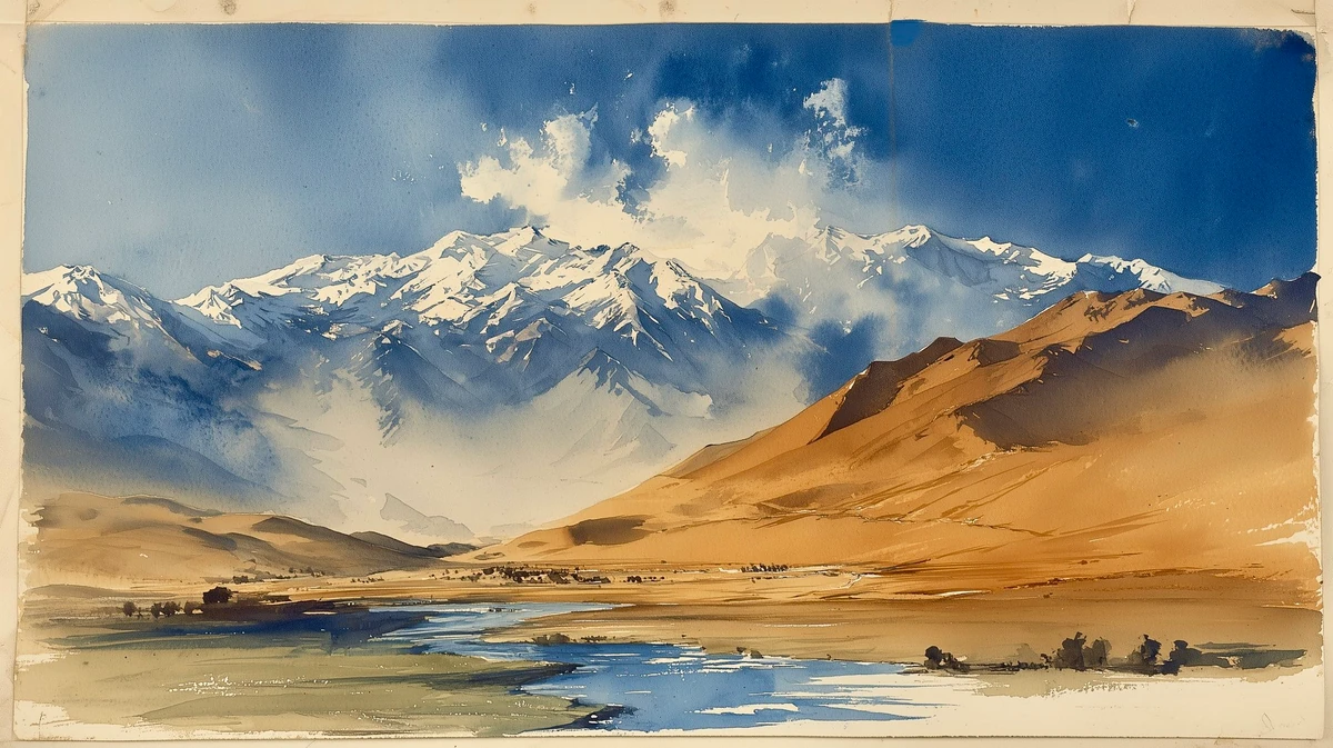 North Indian plains transitioning to the Himalayas. Searched ‘watercolor’...