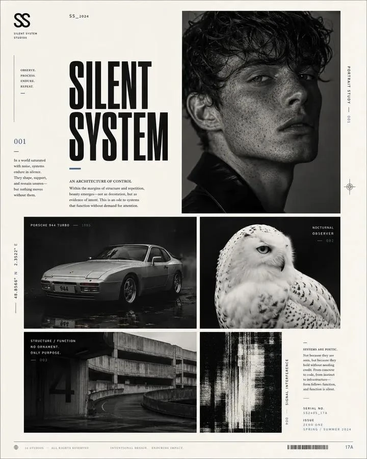Avant-garde graphic design poster page, elegant editorial layout, off-whi...