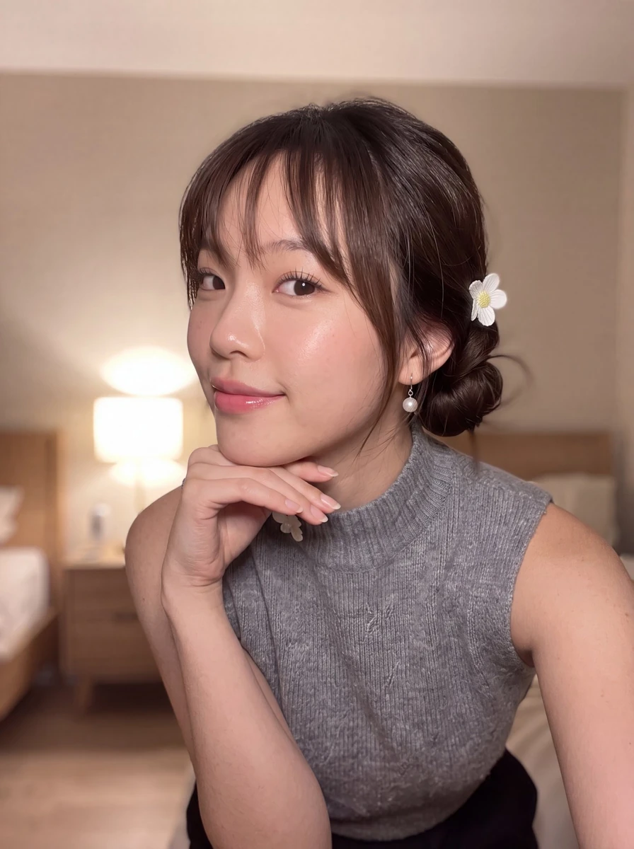 Photorealistic smartphone selfie of a beautiful young East Asian woman wi...