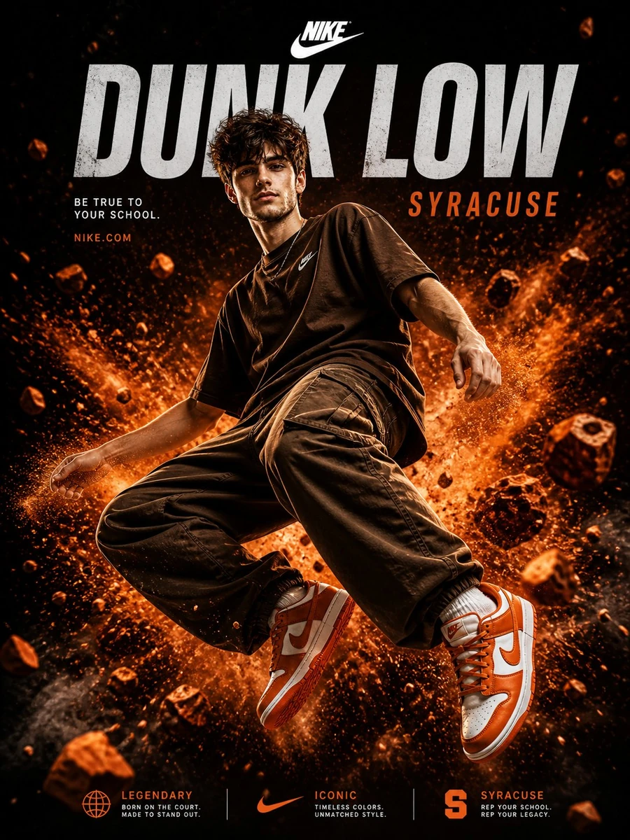 Hyper-realistic Nike Dunk Low Syracuse advertisement, cinematic 3:4 poste...