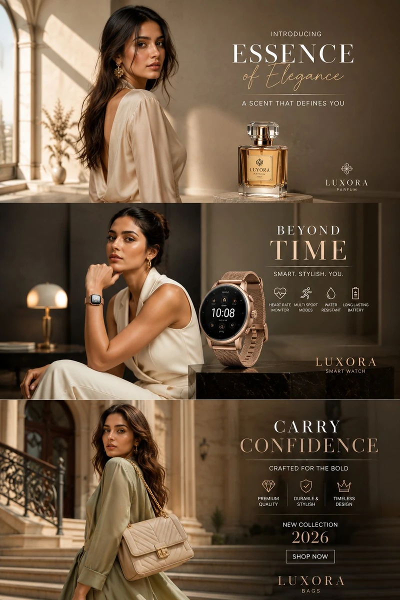 Ultra-realistic luxury fashion editorial advertisement in 3 vertical cine...