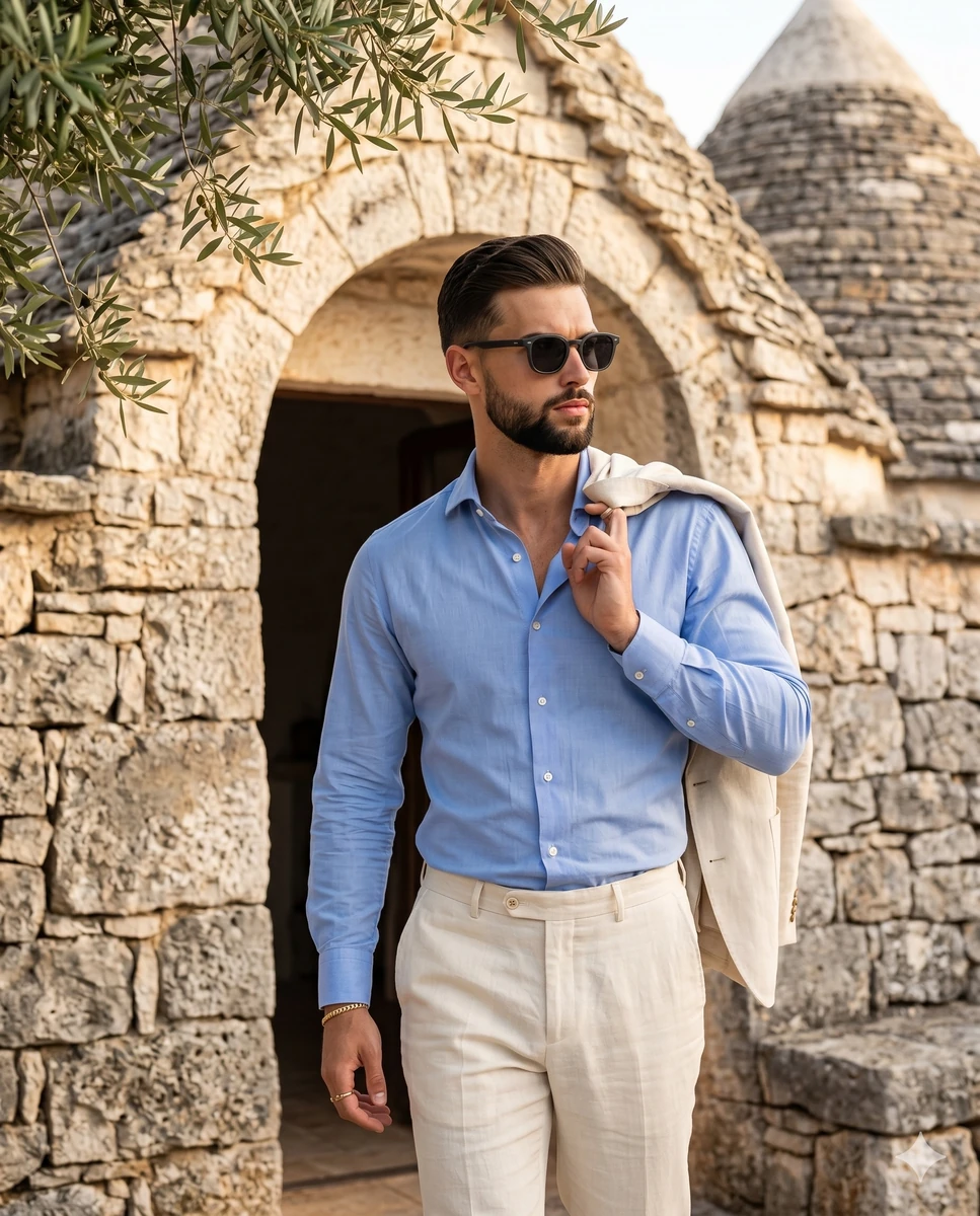 A medium waist-up framing captures a confident adult male in mid-stride,...
