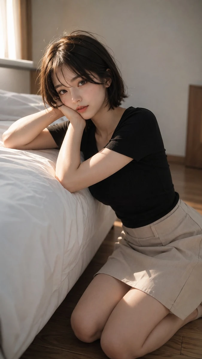 Cinematic Japanese-style bedroom portrait of an adult East Asian woman, k...