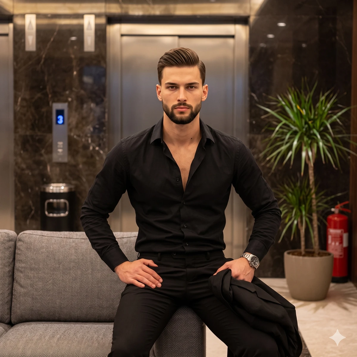 A medium portrait captures a young athletic male seated confidently on th...