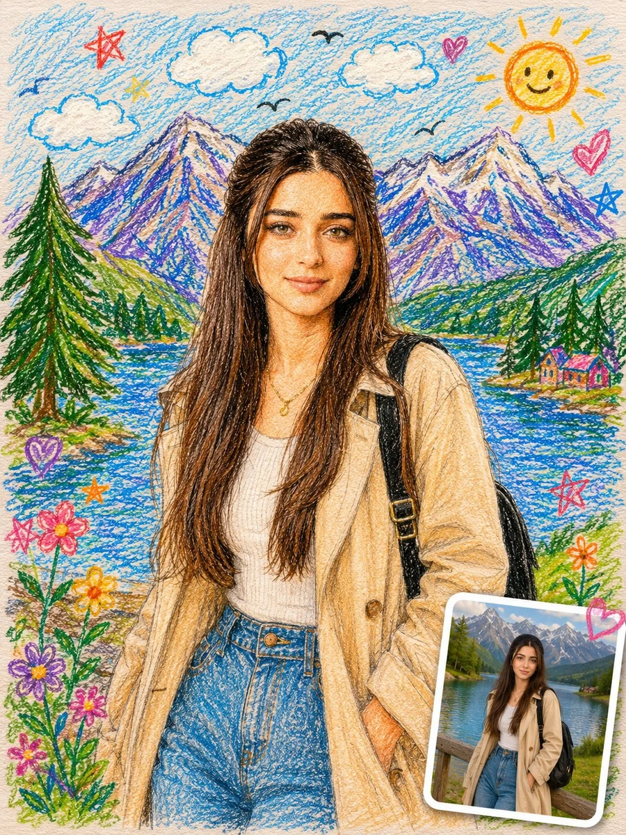 Transform the uploaded photo into a whimsical childhood sketchbook illust...
