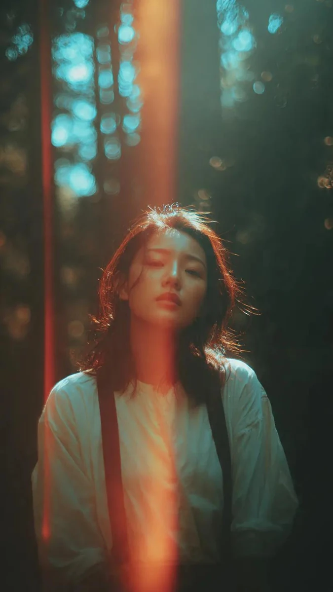 A cinematic portrait of an Asian woman standing in a quiet forest, captur...