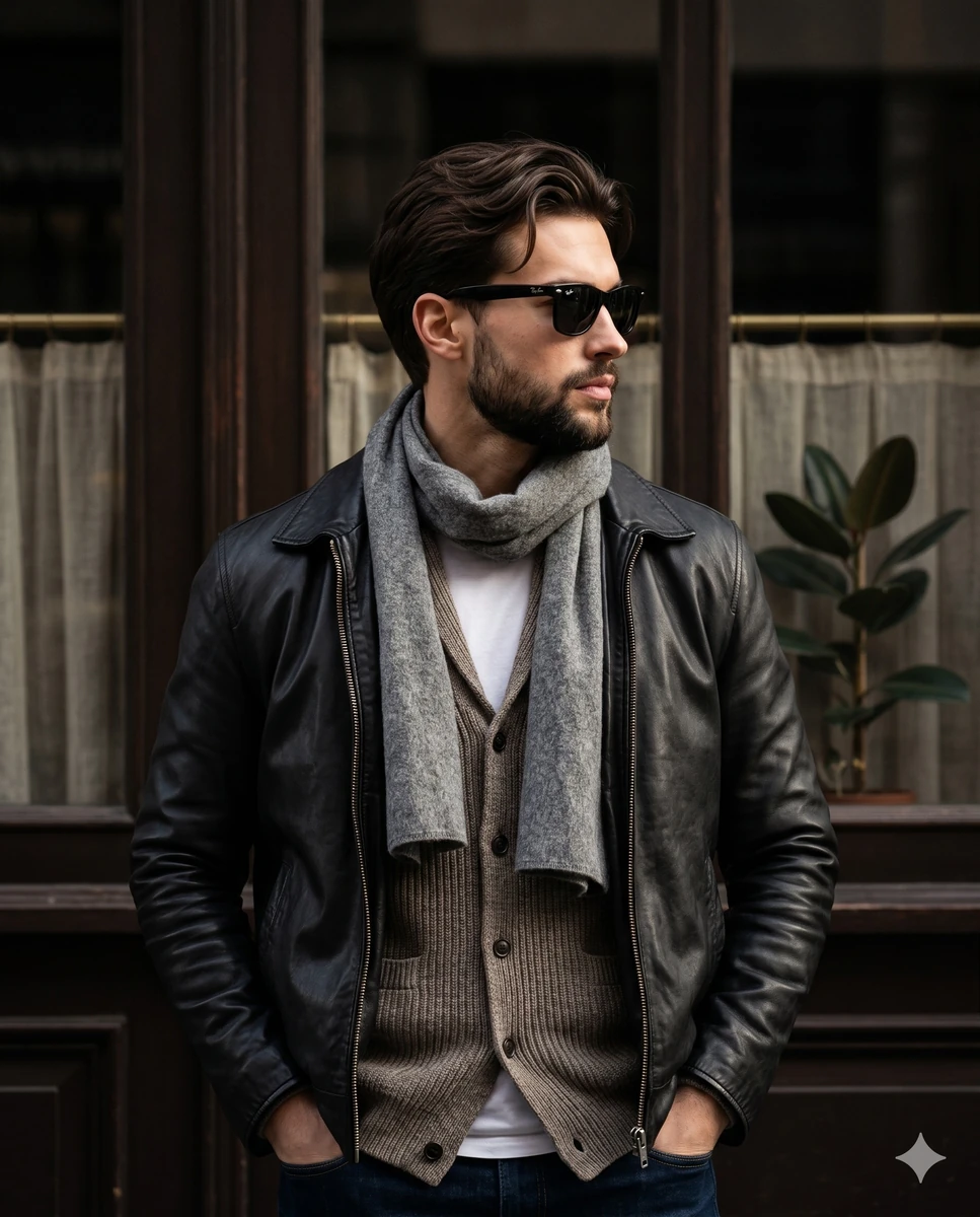 A young adult male stands centrally in a deliberately posed, straight-on...