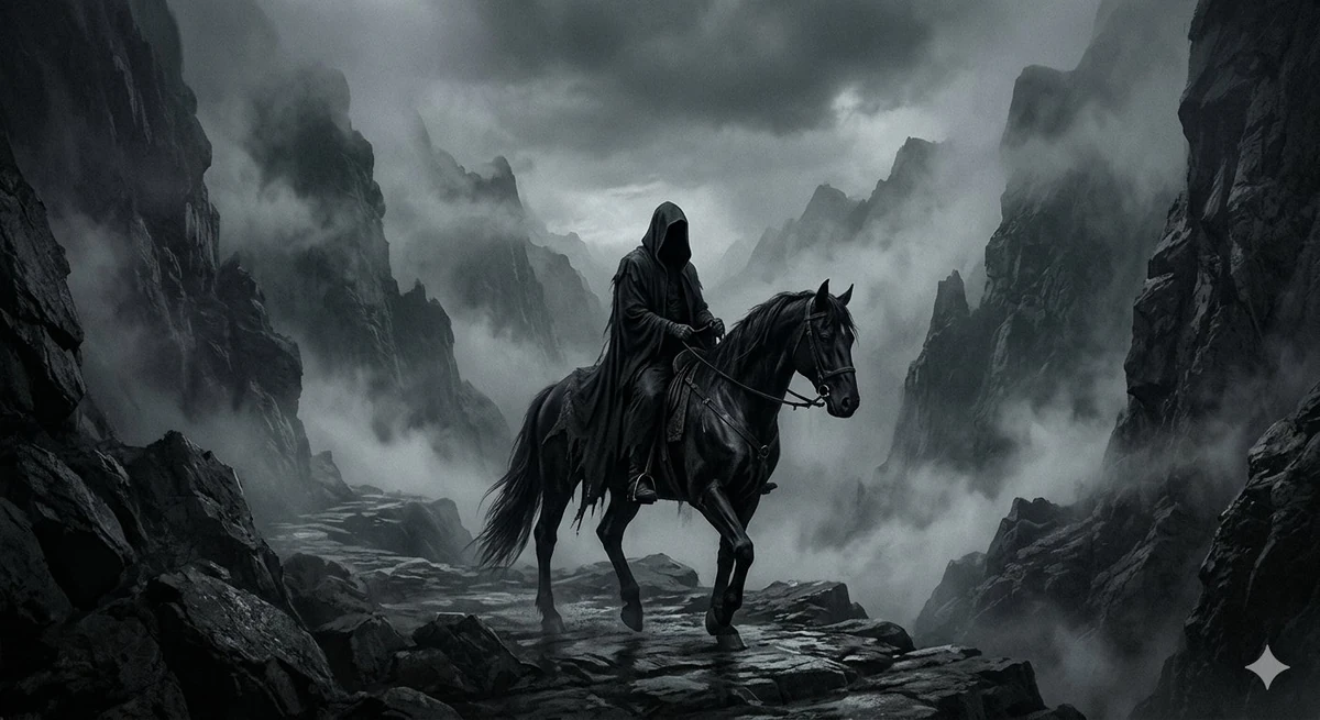 A haunting dark fantasy portrait featuring a solitary hooded figure in lo...